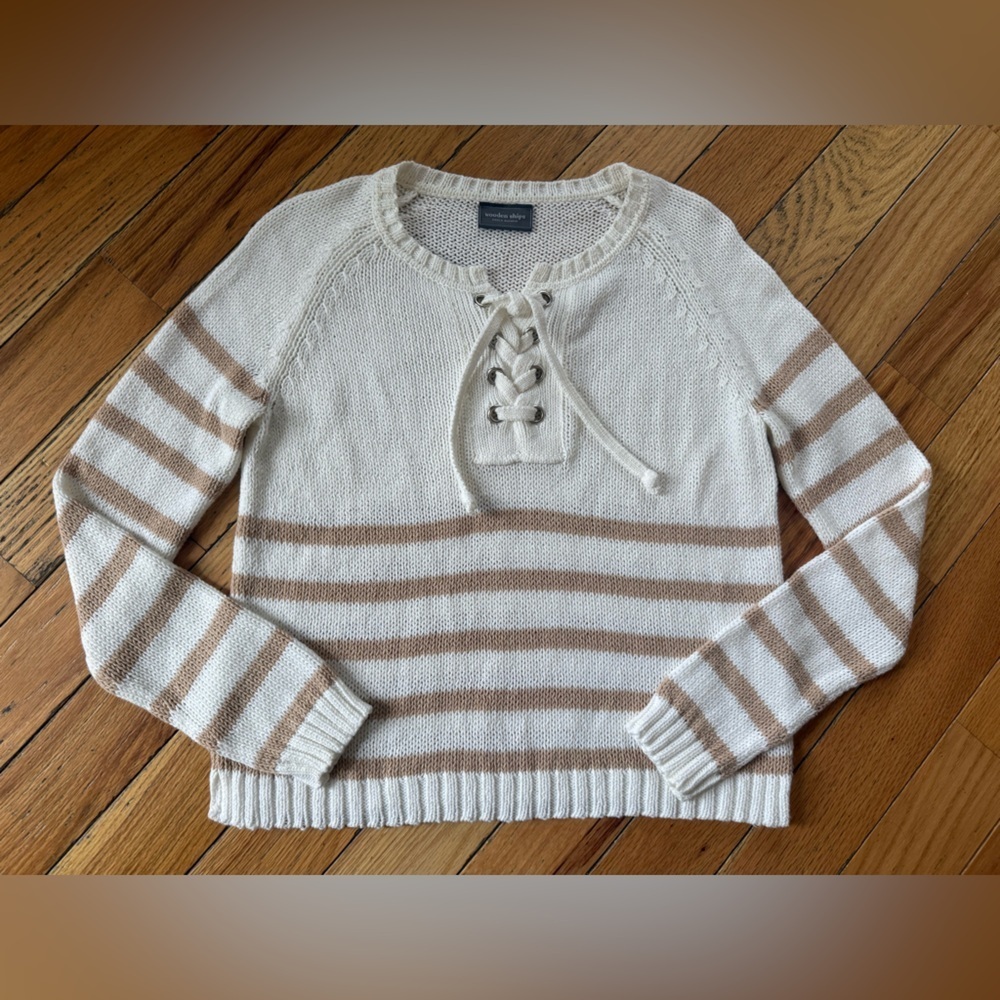 Wooden Ships Palmer Laced Sweater White/Tan Stripe Women’s Size S/M - Picture 2 of 11
